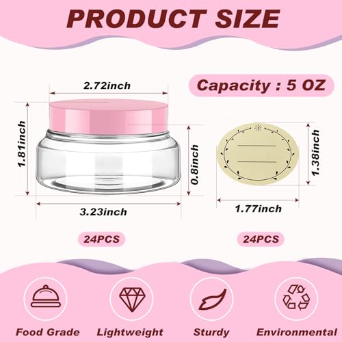 24 Pack 5 oz Clear Pink Plastic Cosmetic Jars with Lids & Labels - Reusable & Leakproof