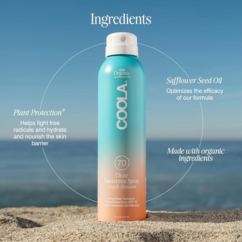 Organic SPF 70 Sunscreen Spray - Water-Resistant Sunblock with Peach Blossom Scent, Vegan & Gluten Free, 6 Fl Oz - Variation of THIS listing