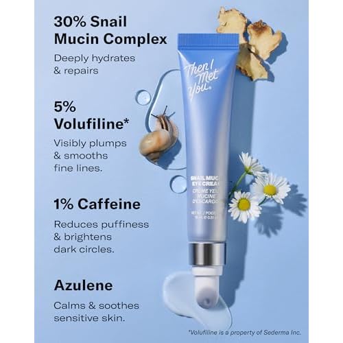 Then I Met You Snail Mucin Eye Cream, Korean Skincare for Dark Circles, Puffy Eyes, Fine Lines & Dehydrated Skin, Firming, Brightening and Plumping Treatment with Volufiline* & Caffeine, 0.51 oz