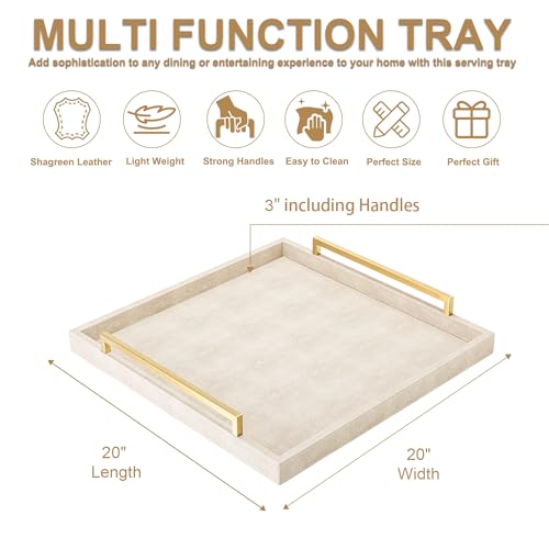 Ivory Large Ottoman Tray for Coffee Table with Gold Handles - 20x20x3 inches