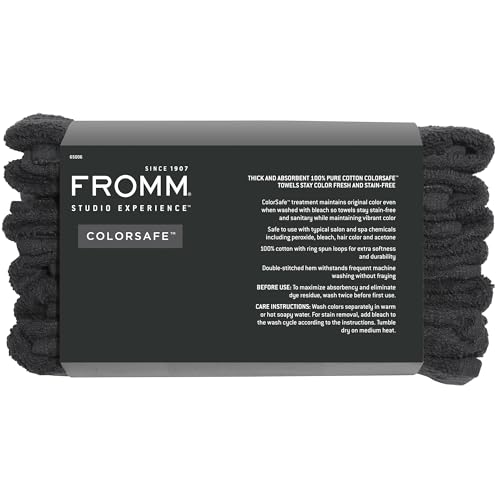 Fromm ColorSafe Cotton Salon Towels Black 6 Pack - Bleach Proof, 16x29 Inch Hair Drying Towels for Hair Stylists & Barbers