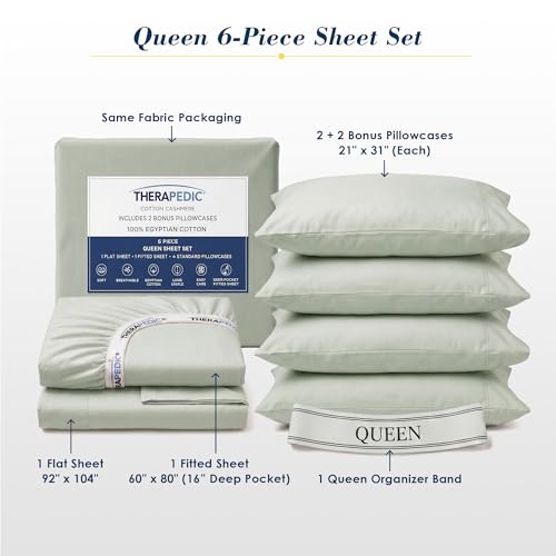 Egyptian Cotton Queen Sheets Set - Sage, 6-Piece Luxury Bedding