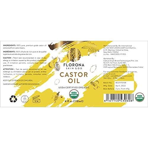 FLORONA Castor Oil 4 fl oz for Hair, Lashes & Brows 100% Pure & Cold-Pressed USDA Certified Organic to Strengthen, Moisturize & Condition