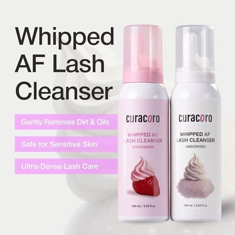 CURACORO 100ml Eyelash Extension Cleanser (Strawberry Scented) - 3X Concentrated Whipped Lash Shampoo, Deep Cleansing Lash Foam Cleanser for Sensitive Skin, Long-Lasting, Salon & Home Use