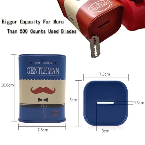 Safety Razor Blade Disposal Case, Used Double Edge Razor Blade Disposal Container, Gentleman Style Detachable Razor Blade Bank with Red Beard Pattern for Salon and Barber Shop (Blue)