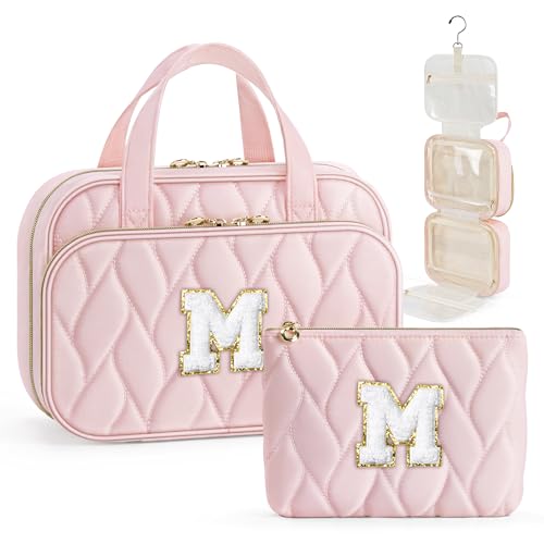 Personalized Pink Hanging Toiletry Bag with Initial M - Gift for Women & Teen Girls