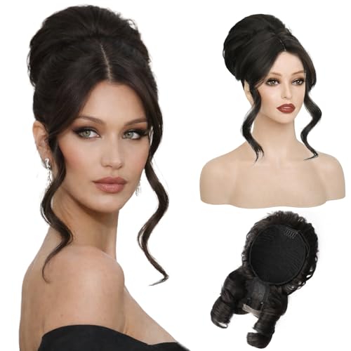 Messy Bun Hair Piece with Bangs 2-in-1 Black Brown Updo Wig - Natural Look