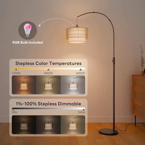 Black 71-Inch Rattan Arc Floor Lamp with App & Alexa Control