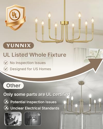 8-Light Gold Chandelier - Brushed Finish Farmhouse Ceiling Light Fixture for Dining Room & Living Room - No Assembly
