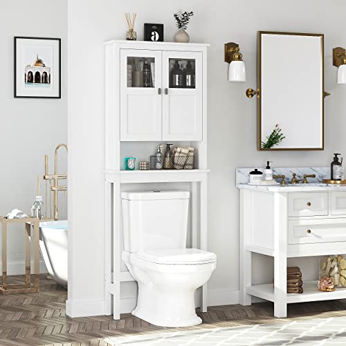 Spirich Over Toilet Bathroom Storage Cabinet with Glass Doors, White
