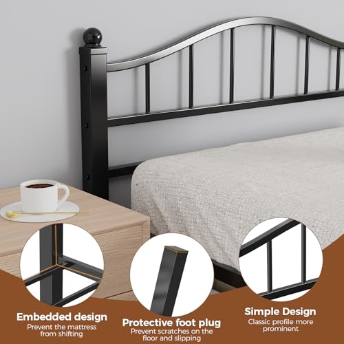Full Size Bed Frame with Headboard - Black, Noise-Reducing, 14 Steel Bars, 12-Inch Clearance