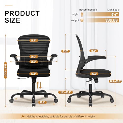 Synorla Ergonomic Office Chair with Flip-Up Armrests, Lumbar Support, 330 lbs, Black (Standard)
