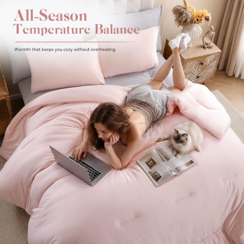 King Fluffy Pink Comforter Set - 3 Piece Cloud-Like Bedding for All Seasons