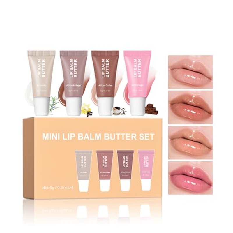 4Pcs Hydrating Lip Gloss Set, Mini Lip Balm Pack, High Shine Glass Finish Lip Moisturizing Plumping Lip Gloss Shiny Jelly Liquid Lipstick for Women