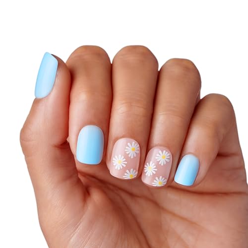 KISS | The Summer I Turned Pretty Press On Nails, Blue & White, Daisy Floral Design, Short Squoval, 30 Fake Nails, Prep Pad, Mini Nail File, & Manicure Stick