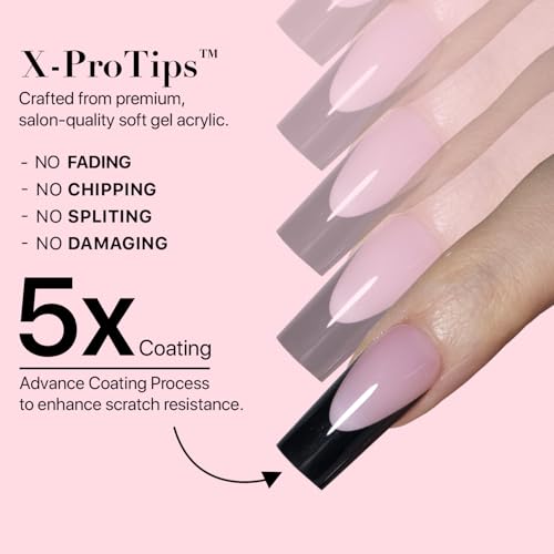 SXC Cosmetics French Tip Press On Nails ? Black Series, Medium Square, X-Pro Tips Starter Kit | 150PCS, 15 Sizes, 5 Styles, Beginner-Friendly