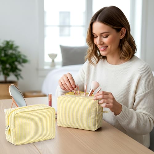 Large Seersucker Makeup Bags - 6 Pack, Yellow Striped Cosmetic Organizer