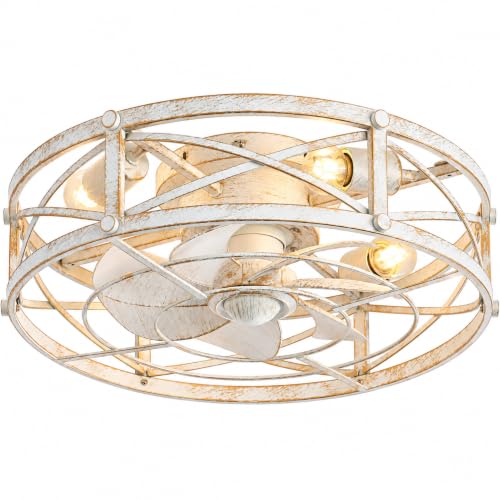 20-Inch White Gold Industrial Caged Ceiling Fan with Light & Remote - Farmhouse Style