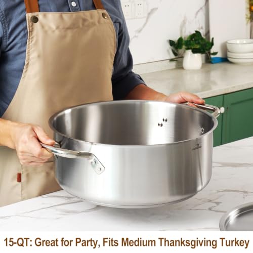 HOMICHEF 15 Qt Braiser Pan with Lid - Nickel Free Stainless Steel, 3-Ply Base, Matte Finish (Silver)
