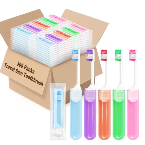 300 Travel Size Disposable Toothbrushes - Individually Wrapped, 5 Colors, Foldable, Bulk Pack of 300