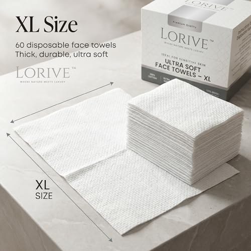 Disposable Face Towels XL 10 x 12, 60 Count ? 100% Cotton Clean Skin Towels, Ultra Soft Lint Free Face Towelettes for Skincare & Makeup Removal, Thick Facial Dry Wipes for Sensitive Skin