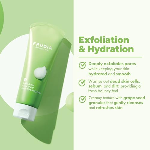 FRUDIA Green Grape Pore Control Exfoliating Face Wash (4.9 oz) ? Korean Facial Cleanser w/Green Grape Seed Scrub & Vitamin E | Korean Skin Care for Pore Control & Deep Cleansing