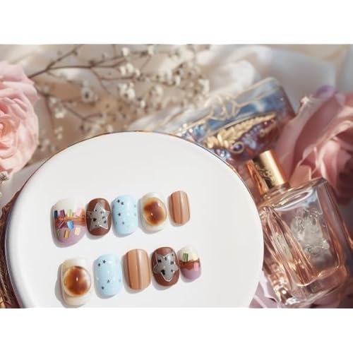Handmade Press On Nails, 10pcs Short Squoval, Blue Macaron Pastel Mix Print with Star Confetti & Jelly Gem Accent, Reusable Glue On False Nails (Size Small)
