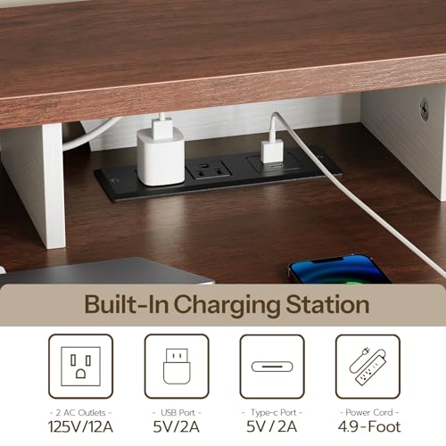 Farmhouse Style Computer Desk with Charging Station and Monitor Stand, Small Office Desk, White & Walnut