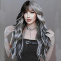 TOZIKA 26 Inch Grey and Black Wavy Wig with Bangs for Women - Long & Natural