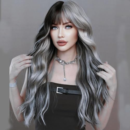 TOZIKA 26 Inch Grey and Black Wavy Wig with Bangs for Women - Long & Natural