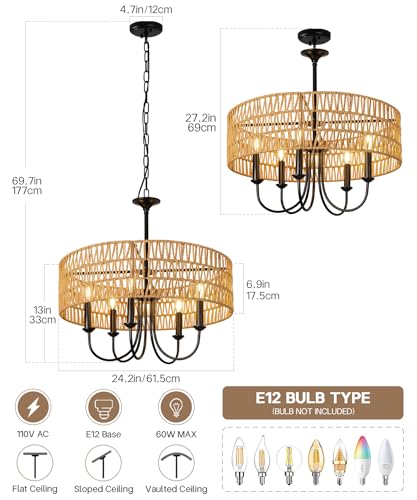 24 Inch Farmhouse Rattan Chandelier - Hand-Woven Boho Pendant Light with Black Metal Frame - Rustic Ceiling Light for Dining & Living Room - Variation B