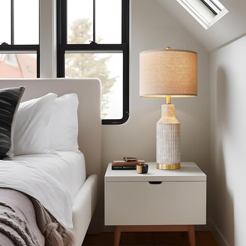 Set of 2 Modern 25-Inch White Washed Ceramic Bedside Table Lamps - Nightstand Lamps for Bedroom & Living Room - Includes Hardware & Linen Shades