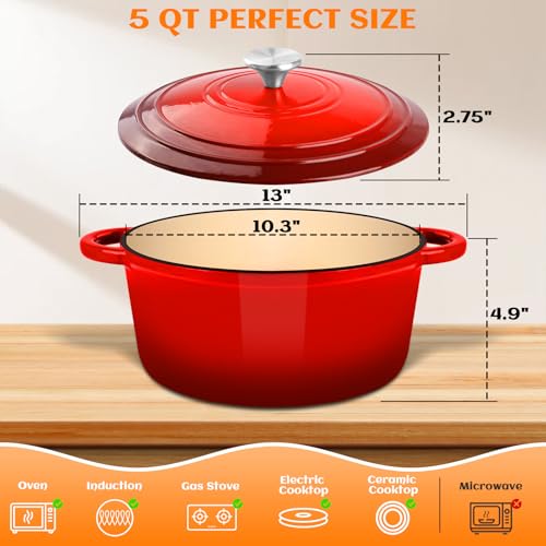 Red Enameled Cast Iron Dutch Oven Pot 5QT for Bread Baking with Lid - NZQXJXZ