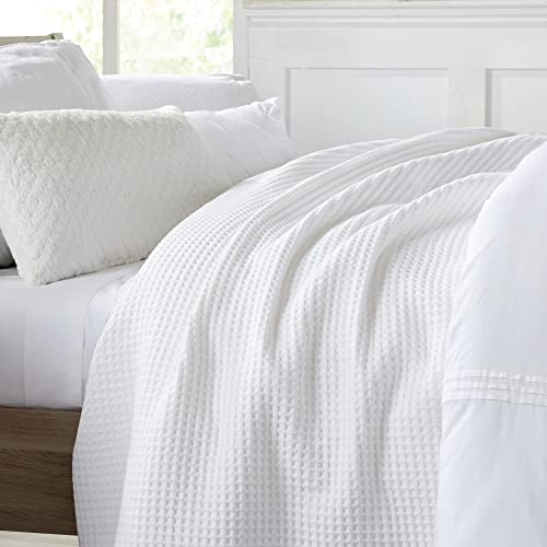 Full/Queen Cotton Waffle Weave Bed Blanket - White, Soft & Breathable