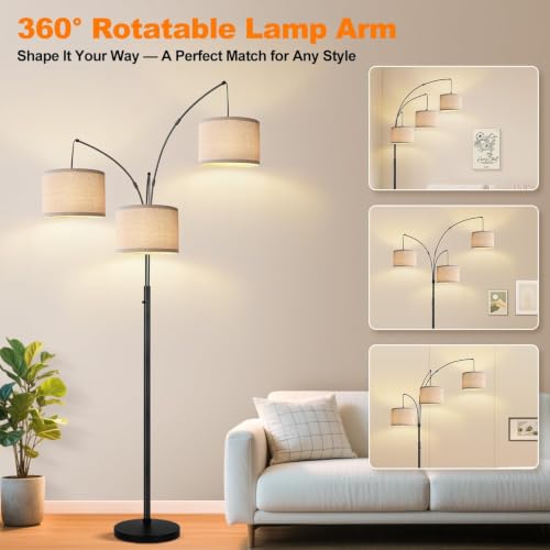 Nintiue Matte Black Floor Lamp with Beige Linen Shades - Dimmable 3-Light Arc Standing Lamp for Living Room & Bedroom