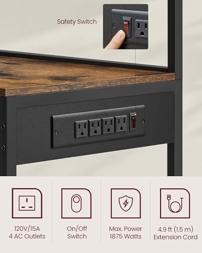 VASAGLE Rustic Brown Microwave Stand with Power Outlet, 35.4" Baker's Rack with Wire Basket & 8 Hooks