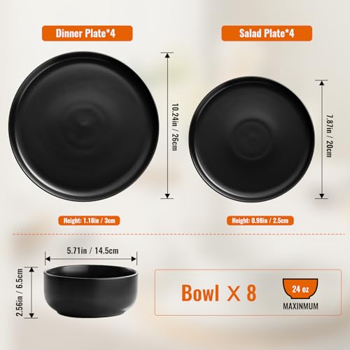 Ceramic Dinnerware Set 24 Pieces - Black Stoneware Plates & Bowls, Dishwasher & Microwave Safe
