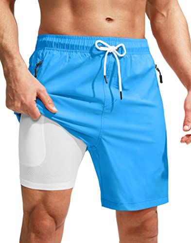 Men's 7 Inch Quick Dry Swim Trunks - Large Blue Board Shorts with Pockets