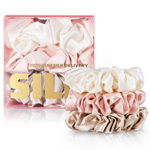 Mulberry Silk Scrunchies 3 Pack - White Pink Champagne Large Hair Ties for Fine, Thin & Sensitive Hair