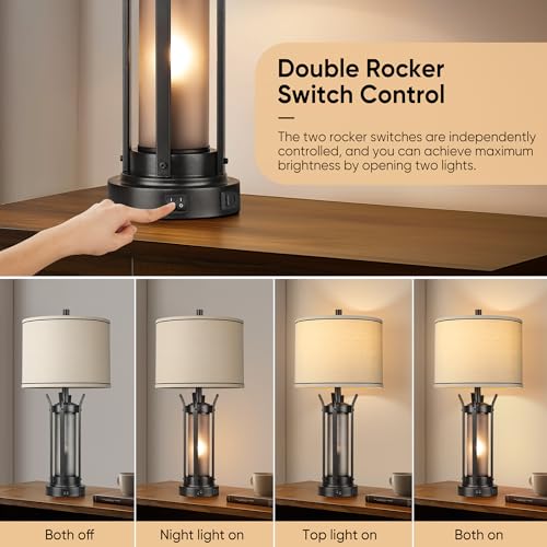 QiMH 26 Inch Rustic Black Table Lamp Set - Farmhouse Bedside Lighting with USB Ports - Style 1