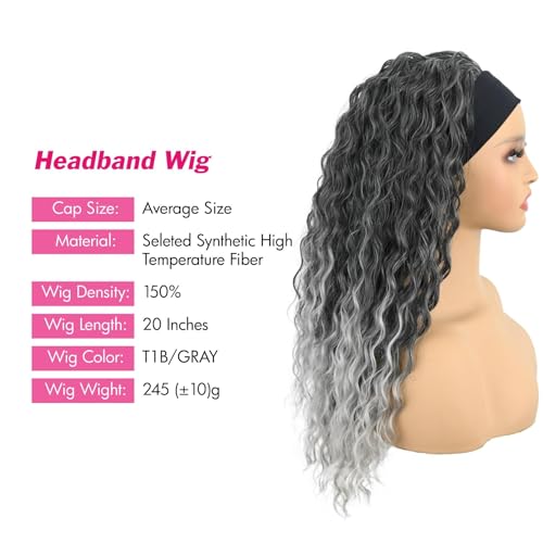 Deep Wave Headband Wig 20 Inch Gray Synthetic Curly Hair for Black Women - Glueless, Adjustable Cap