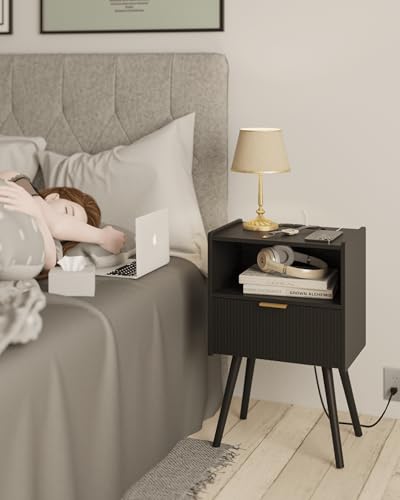 Nightstand with Outlet & Storage Drawer - Black, Modern Bedside Table with Open Shelf - Small Space Accent Table - Black-1