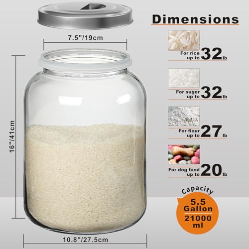 Large Glass Storage Jar with Stainless Steel Lid 5.5 Gallon 21000ml Kitchen Organizer