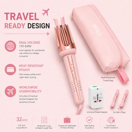Automatic Hair Curling Iron 1.25 Inch for Beach Waves, 5 Temp Settings, Dual Voltage