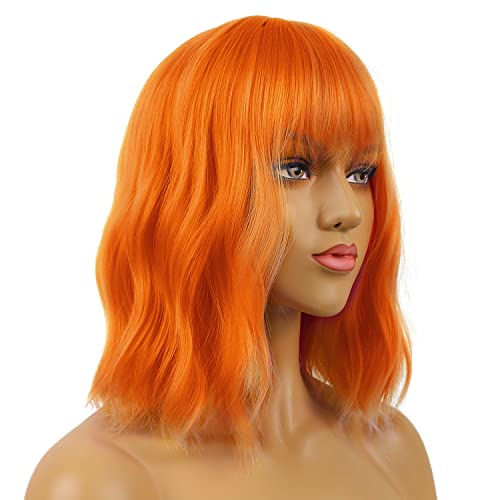 LANICE Short Wavy Cosplay Wigs with Bangs - Orange, 12 Inch Synthetic Hair for Women