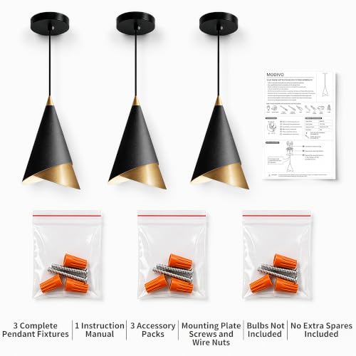 MODIVO 3-Pack Black and Gold Pendant Lights for Kitchen Island - Modern Conical Design, E26 Socket, Indoor Dry Use