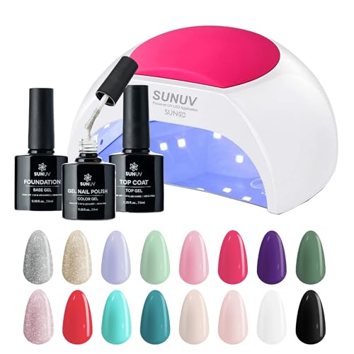 SUNUV Gel Nail Light for Nail Polish 48W UV Dryer SUN2C Rose, Hema-Free Gel Nail Polish Kit, 16 Colors Gel Polish Set