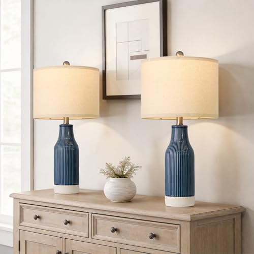 23.5" Bedside Lamps Set of 2, Blue Ceramic Table Lamp for Bedroom