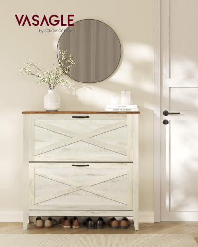 VASAGLE Farmhouse Shoe Cabinet Narrow Storage Organizer with 2 Flip Drawers - Rustic White, 9.4 x 34.3 x 34.6 inches