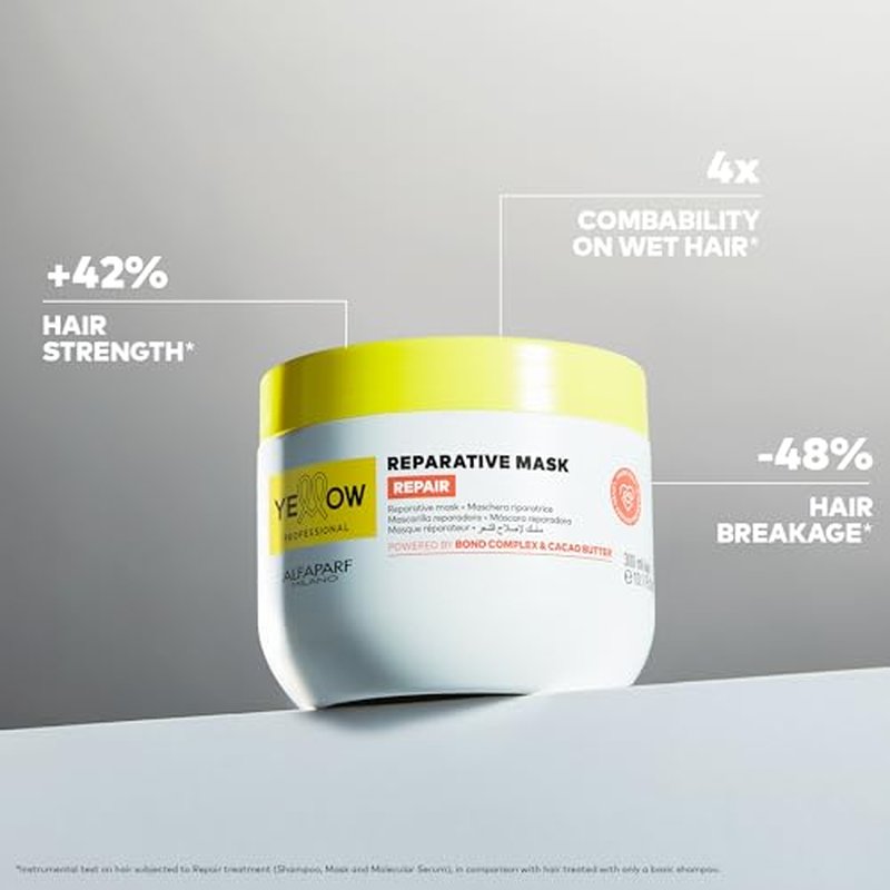 ALFAPARF MILANO Yellow Professional Repair Reparative Mask for Damaged Hair - Powered By Bond Complex & Cacao Butter - Designed For Intense Strength (10.1 fl oz / 300ml)